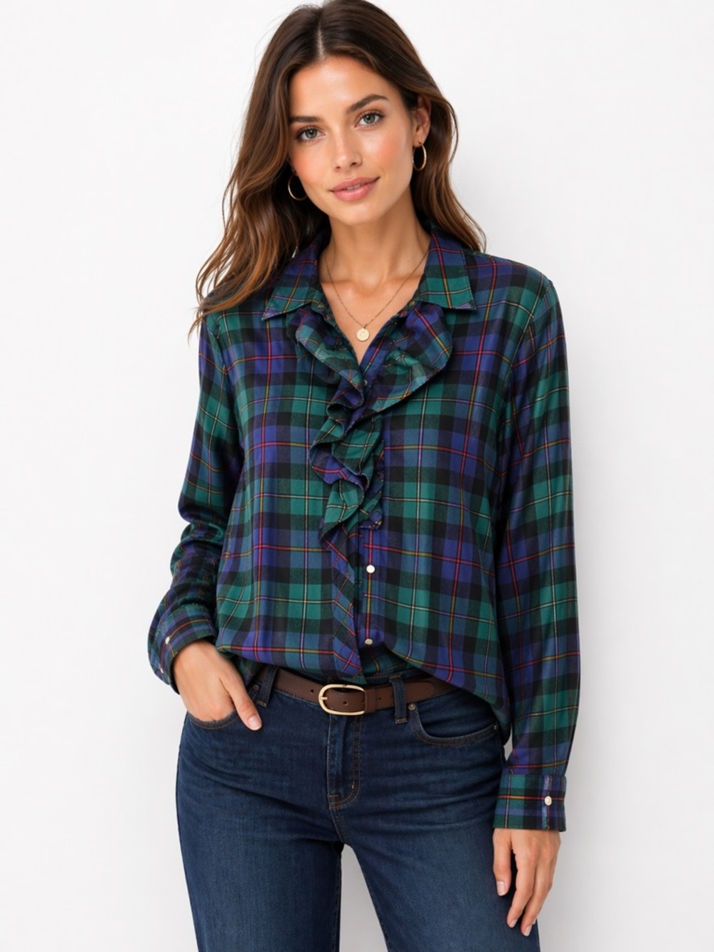 Vintage American Living Size Large Ruffled Plaid‎ Button-Up Shirt - Green/Blue